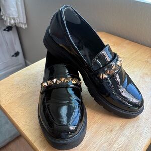 JustFab Black Patent Loafers with Gold Stud Accents
